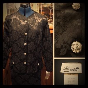 Brocade Suit—Jacket & Skirt; Rhinestone Buttons